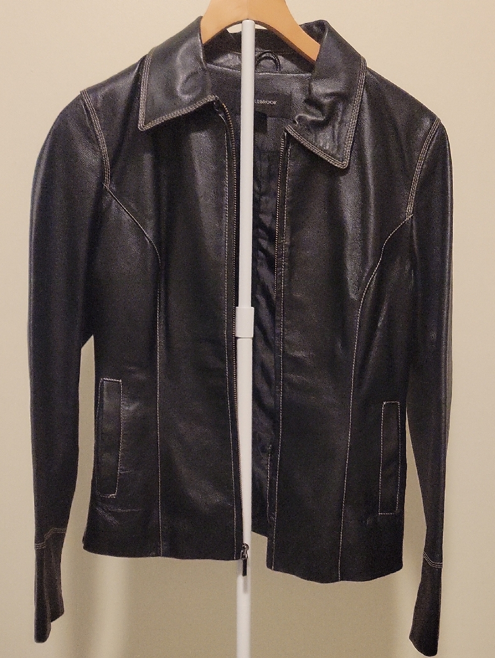 Womens Leather Bomber Jacket with Contrast Stitching
